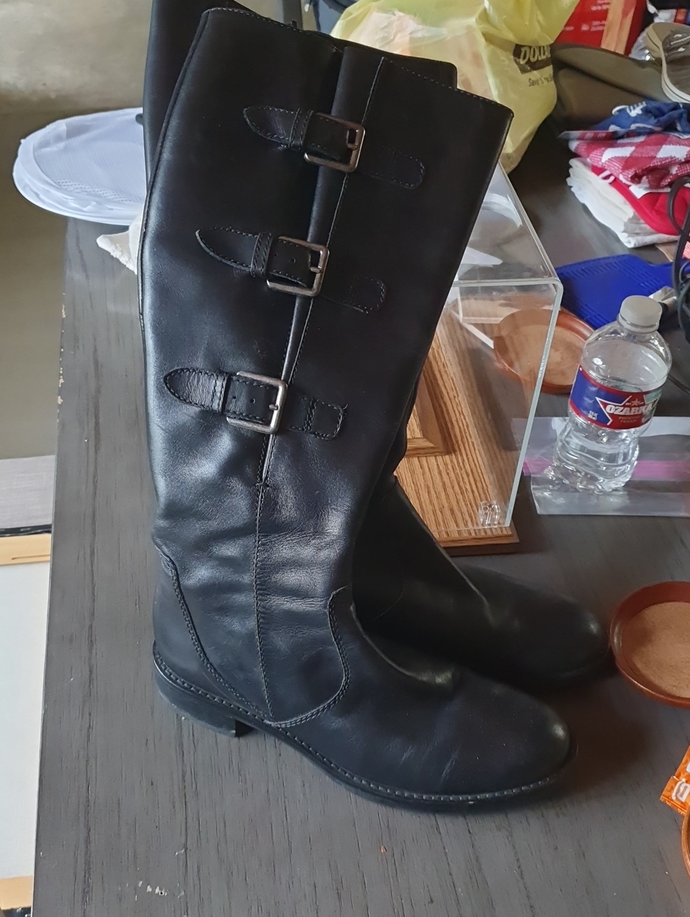 Ecco Black Leather Knee-High Buckle Boots